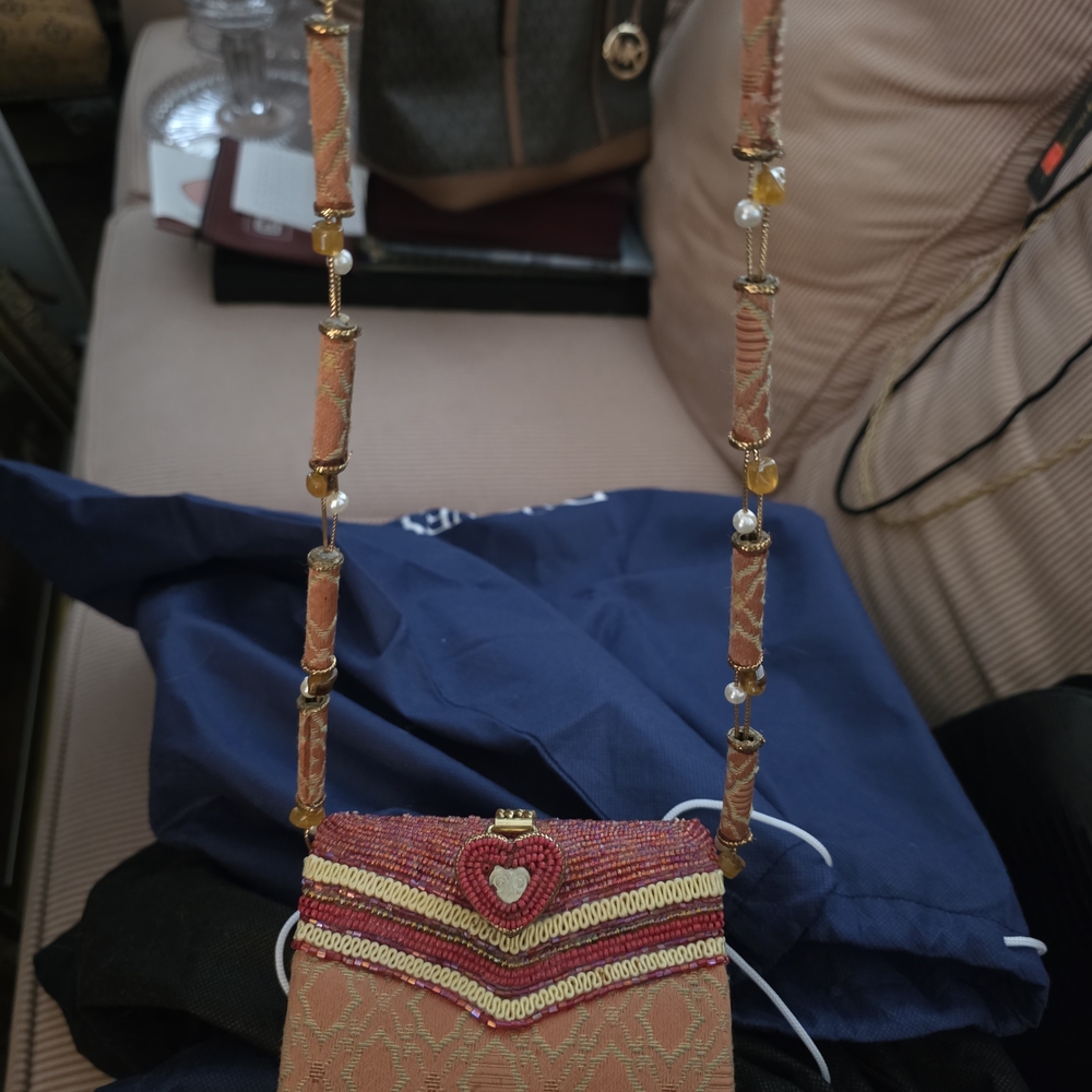 Mary Frances Embellished Peach Crossbody Bag with Beaded Strap